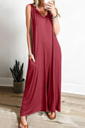 Color V-neck Sleeveless Loose Pocket Wide-leg Jumpsuit