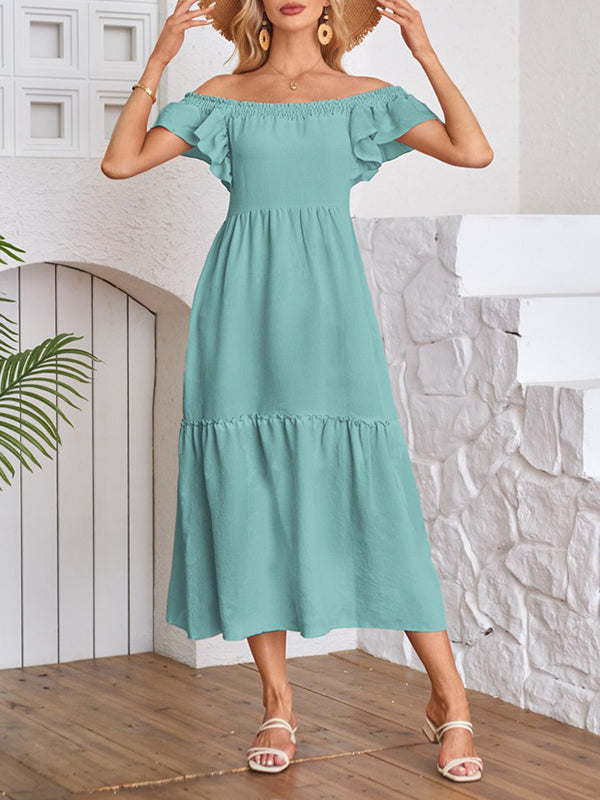 A-line Loose Elasticity Pleated Ruffled Color Split-joint Off-the-shoulder Midi Dresses