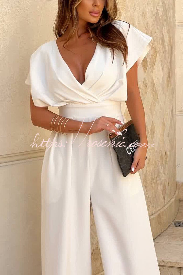 Color V-neck Waist Wide-leg Jumpsuit