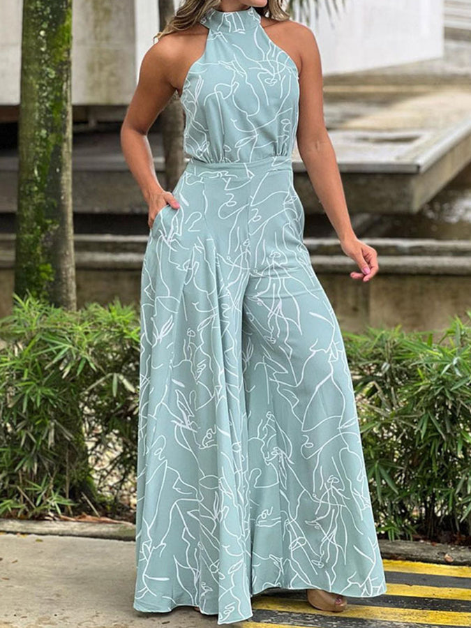 Printed Halter Wide-leg Pants Jumpsuits