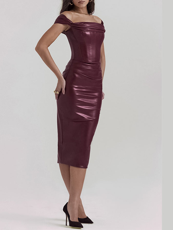 Off Shoulder Leather Slim Midi Dress