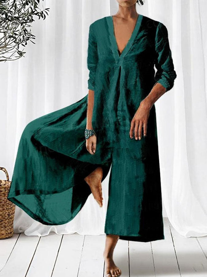 V Neck 3/4 Sleeves Wide-leg Jumpsuit