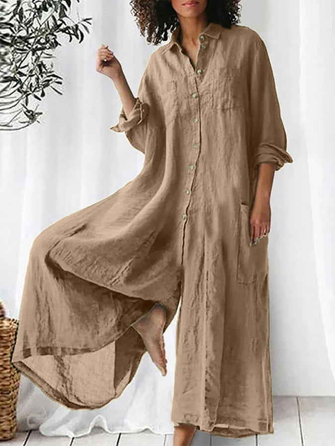 Long Sleeves Wide-leg Pants Shirt Collar Jumpsuit