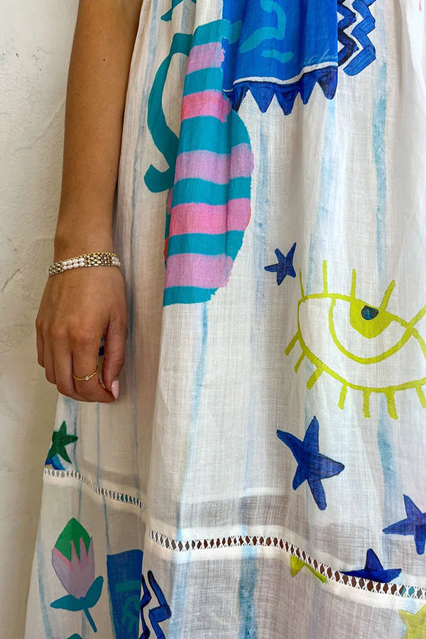 She's the Fun Linen Blend Playful Print Ladder Trim Midi Dress