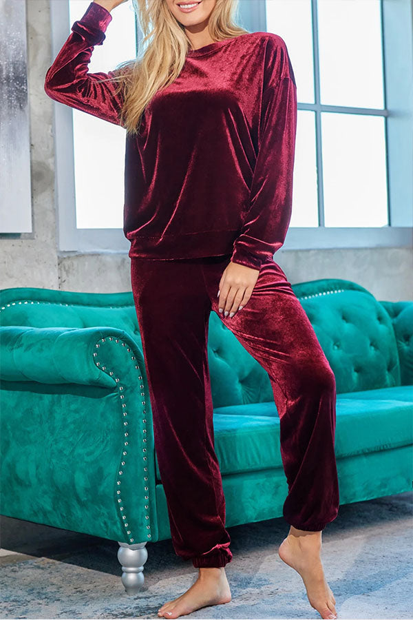 Red Velvet Round Neck Top & Drawstring Pants Longe Set