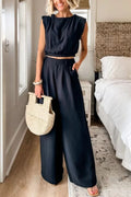 Wear Tooptions Linen Blend Crop Top and Elastic Waist Pocketed Pants Set
