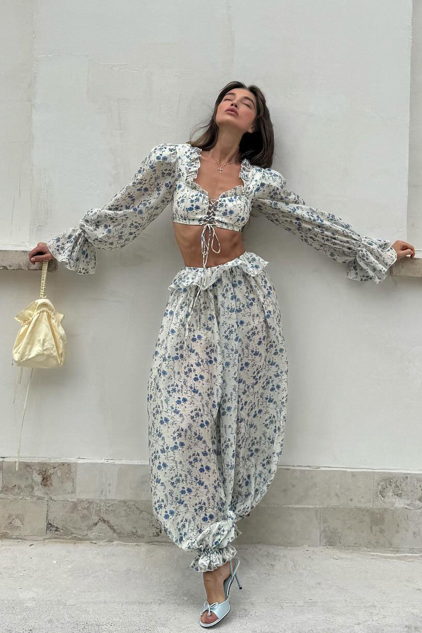 Tie Front Square Neck Ruffled Cropped Top Low Waist Jogger Pants Two Piece Set
