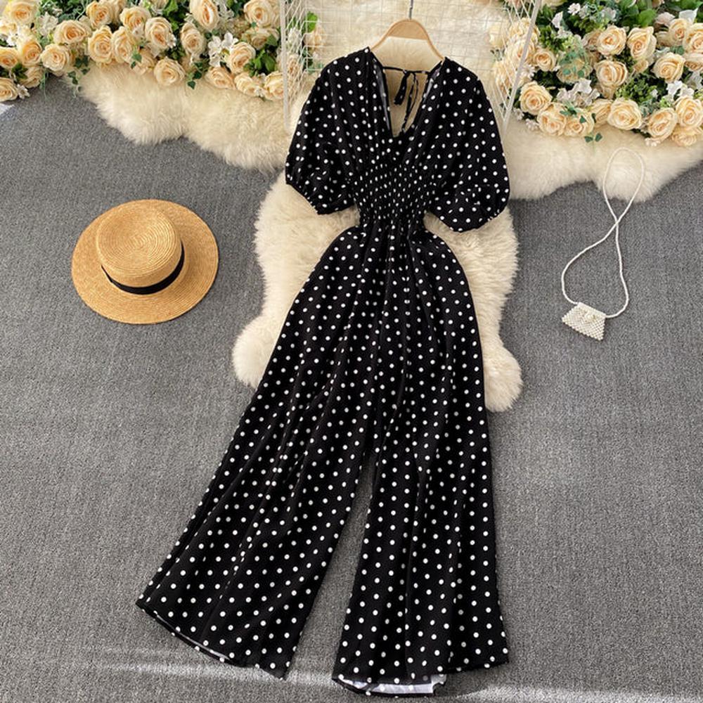 Stylish Army Green V-neck Polka Dot Puff Sleeve Wide Leg Jumpsuit