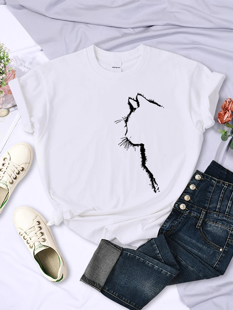 Simple Strokes of Cat Funny Printed T-shirt Short Sleeve O-neck Personality Street Tee Clothing Summer Tops