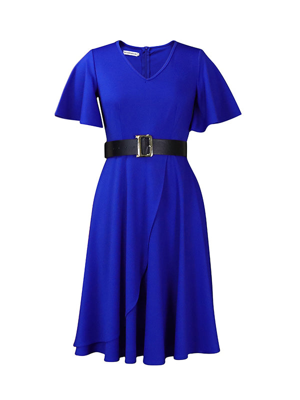 Irregular Clipping Belted Color Round-neck Midi Dresses