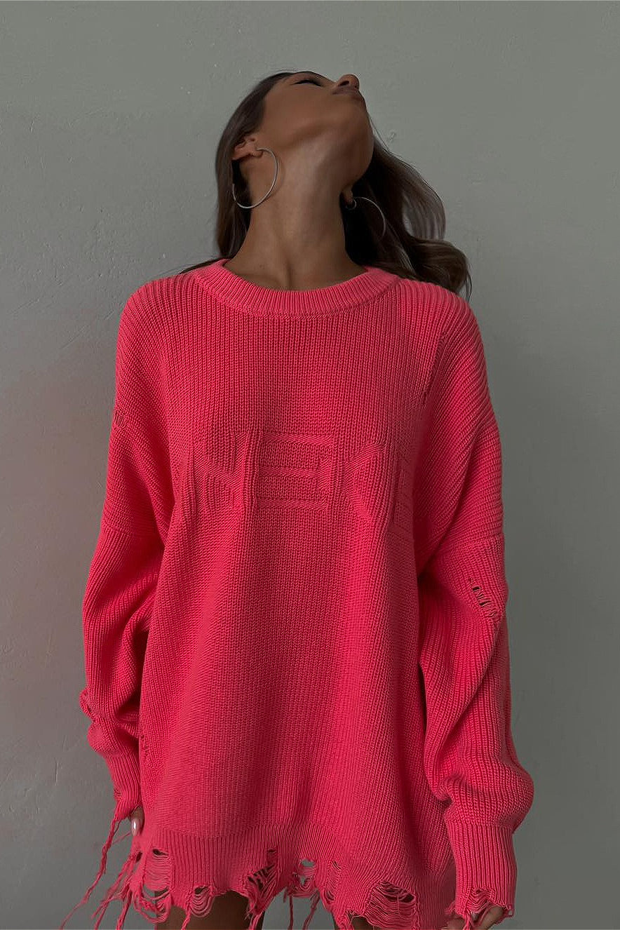 Edgy Ripped Grunge Crew Neck Knit Sweater
