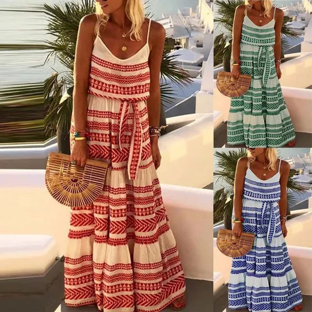 Style Print Spaghetti Strap Long Dresses V-neck Leace-up Beach Camisole Dress Summer New Lady Vestido