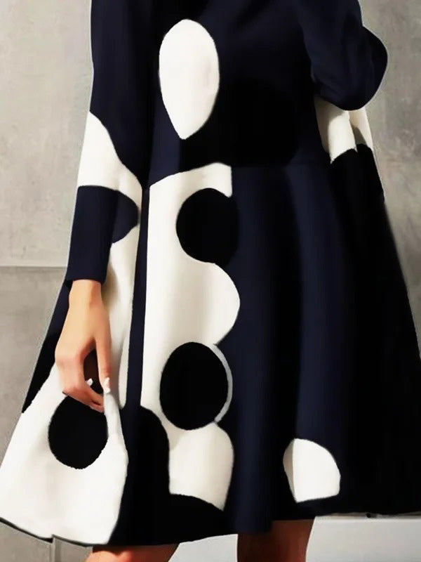 A-line Long Sleeves Polka-dot Split-joint Mock Neck Mini Dresses