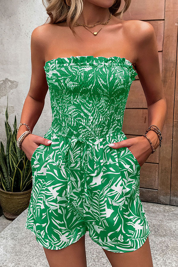 Plant Print Tube Top Lace-up Pleated Rompers