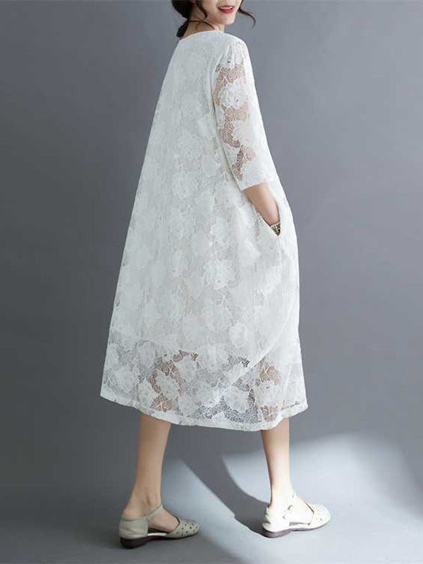 Half Sleeves Loose Hollow Color Round-neck Midi Dresses