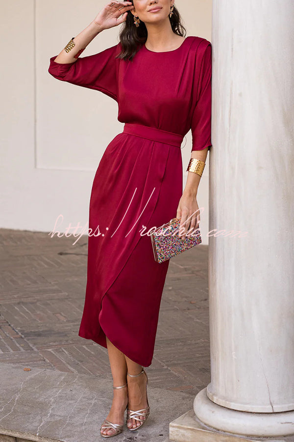 Satin Color Round Neck Half Sleeve Waist Midi Dress
