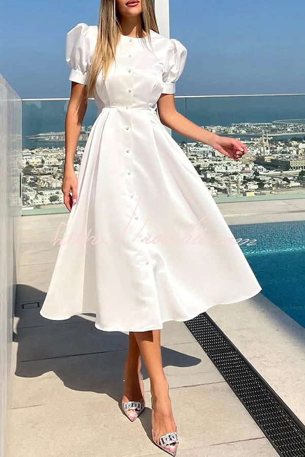 And Classy Vibe Puff Sleeve Pearl Button Slit Midi Dress