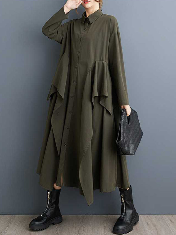 A-line Long Sleeves Buttoned Pockets Ruffle Trim Color Lapel Midi Dresses