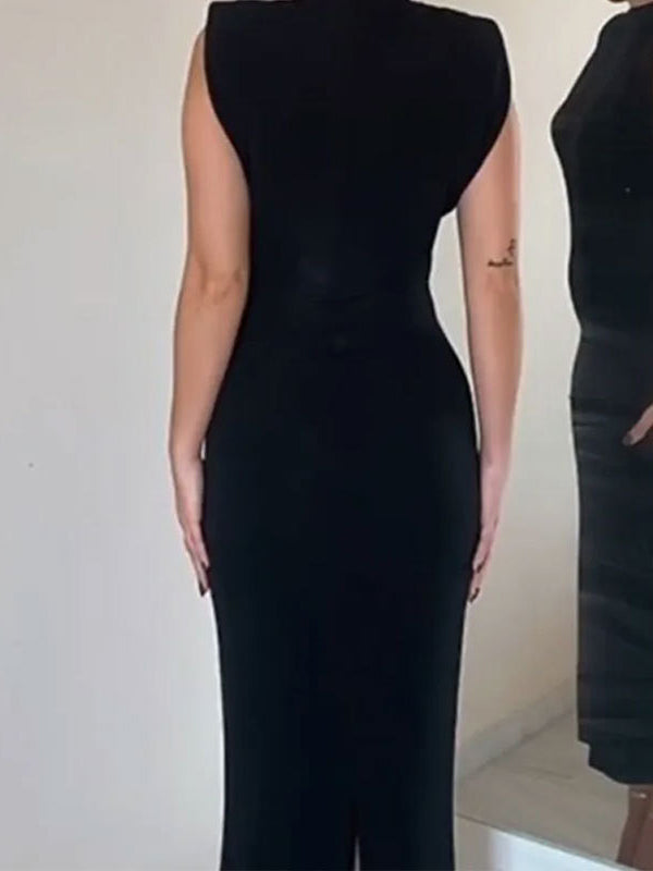 Skinny Color Zipper Mock Neck Midi Dresses