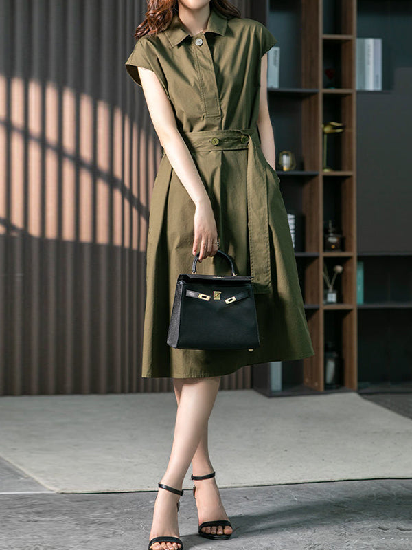 Short Sleeves Bandage Color Lapel Midi Dresses