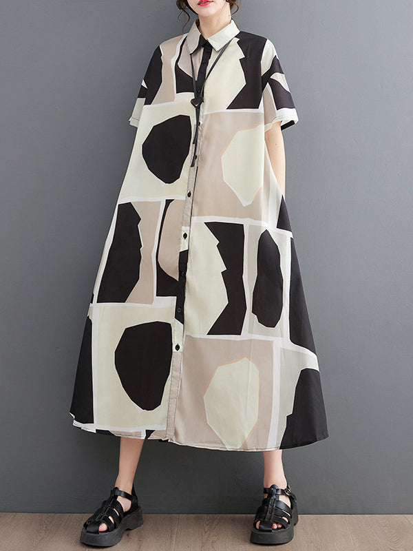 Loose Oversize Color-block Printed Lapel Midi Dresses Shirt Dress
