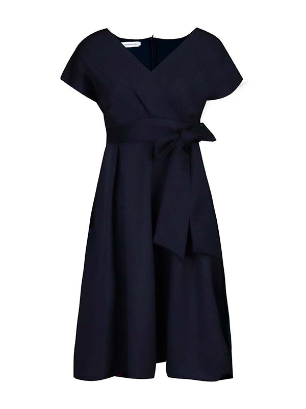 Bowknot Lace-up Color V-neck Midi Dresses