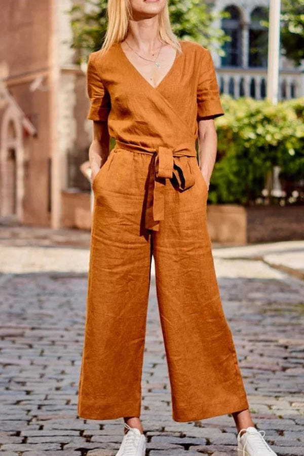 Short Sleeve Color Lace-up V Neck Soft Romper Jumpsuit