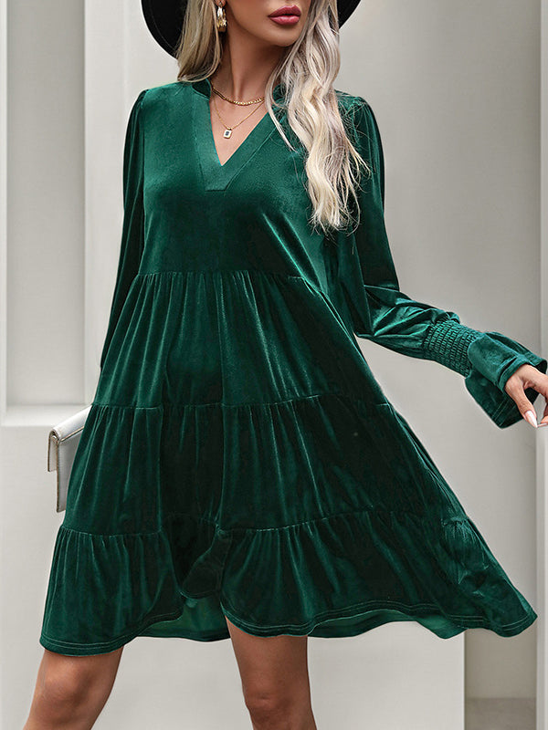 A-line Long Sleeves Pleated Color Velvet V-neck Mini Dresses