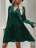 A-line Long Sleeves Pleated Color Velvet V-neck Mini Dresses