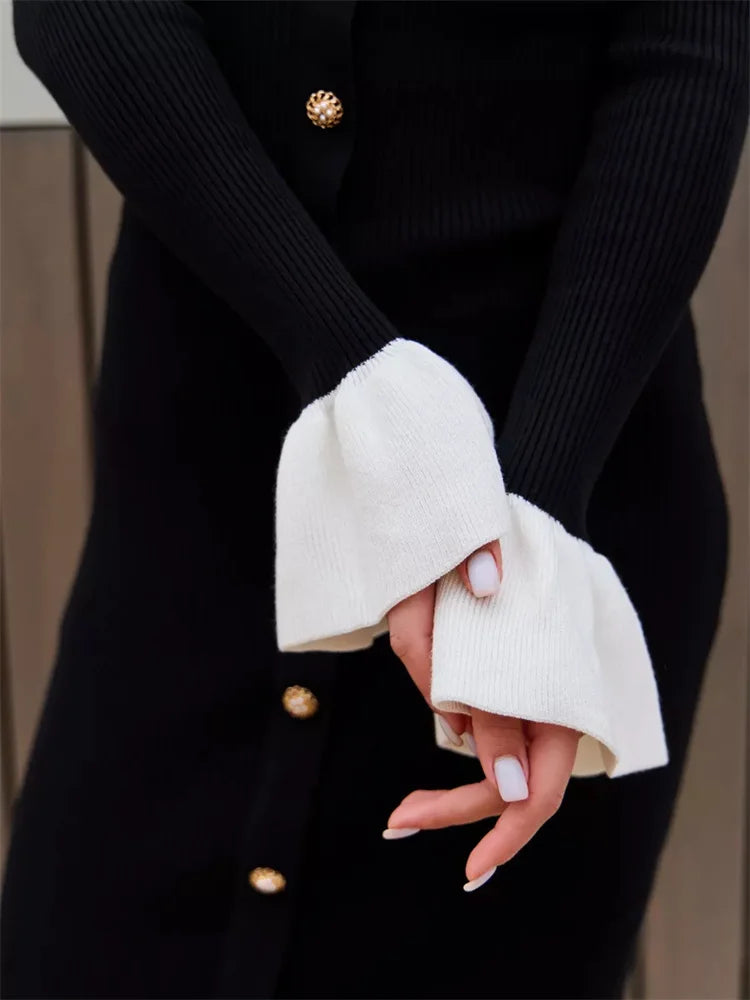Knit Patchwork Long Dress ’s Ruffled Slim Contrast Ribbed Party Dress Knitwear Autumn Maxi Dress New