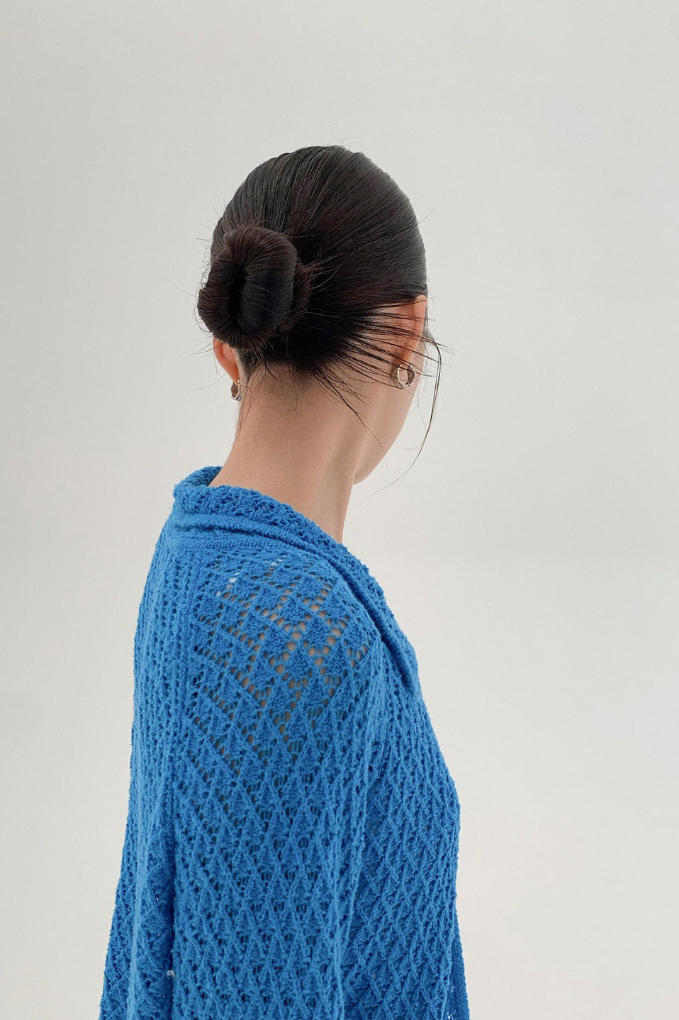 Hollow-out Collared Tie-waist Long-sleeve Short Knit Cardigan
