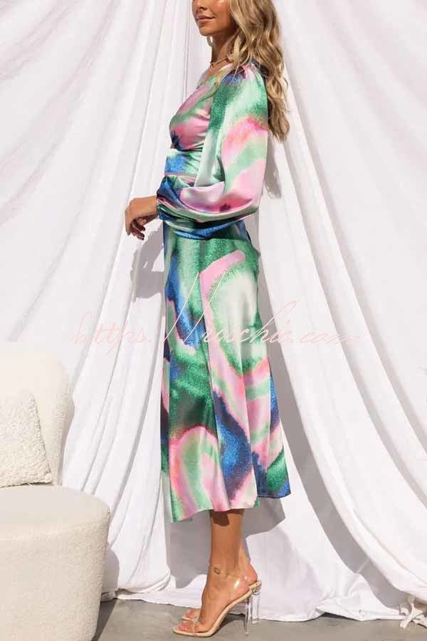 Own the Evening Satin Neon Print Cutout Midi Dress