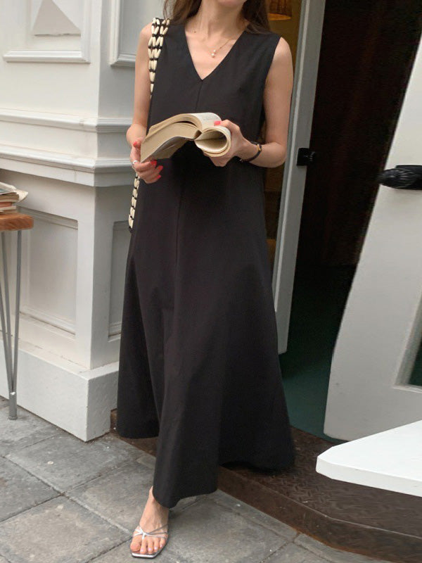 Loose Sleeveless Color V-neck Midi Dresses