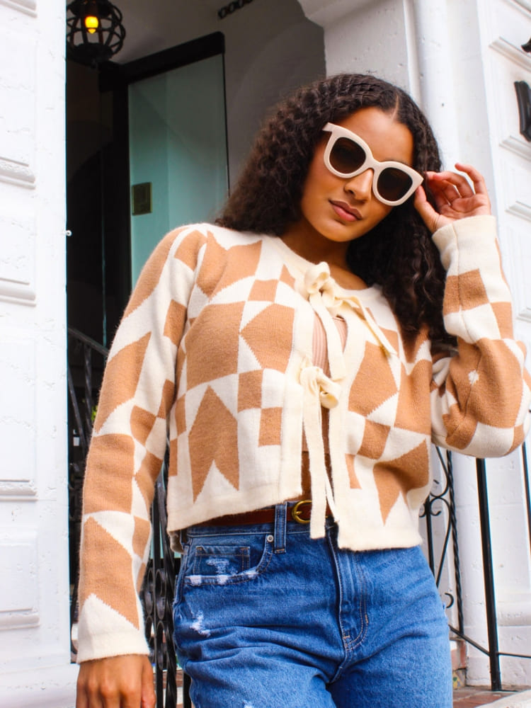 Geometric Print Lace-up Cardigan Sweater