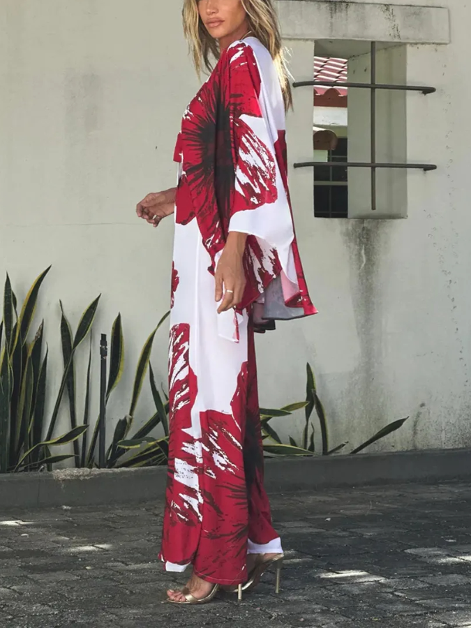 Red Hibiscus Printed Beach Garbo Cape Jumpsuit