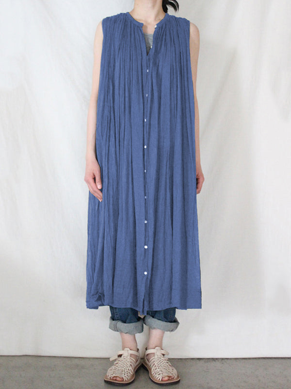 Loose Sleeveless Pleated See-through Round-neck Midi Dresses