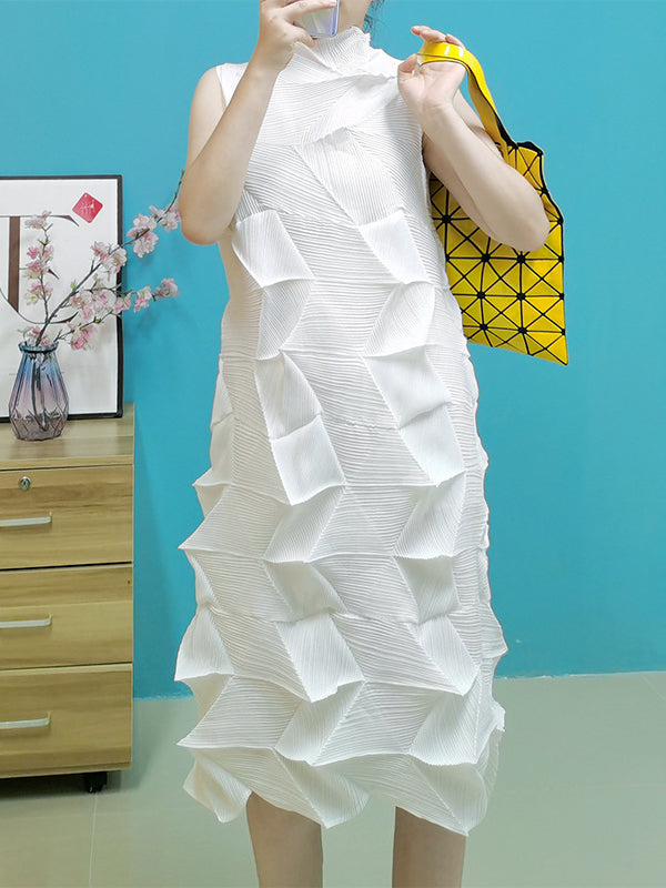 Sleeveless Irregularity Pleated Color Stand Collar Midi Dresses