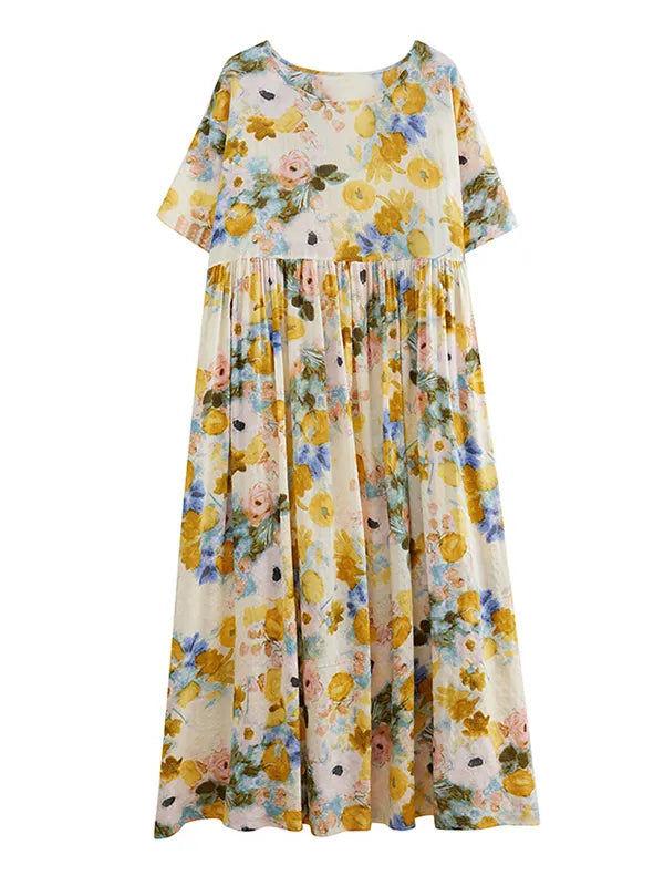 A-line Loose Printed Round-neck Midi Dresses