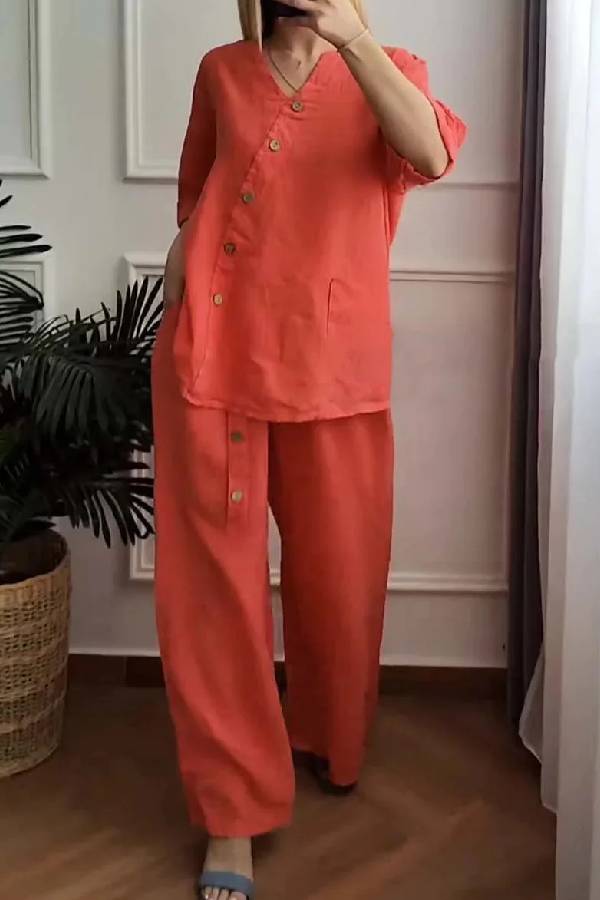 Color Cotton and Linen Cropped Top & Wide Leg Pants Two-piece Set
