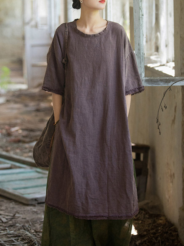 Half Sleeves High-low Fringed Color Split-joint Split-side Round-neck Midi Dresses