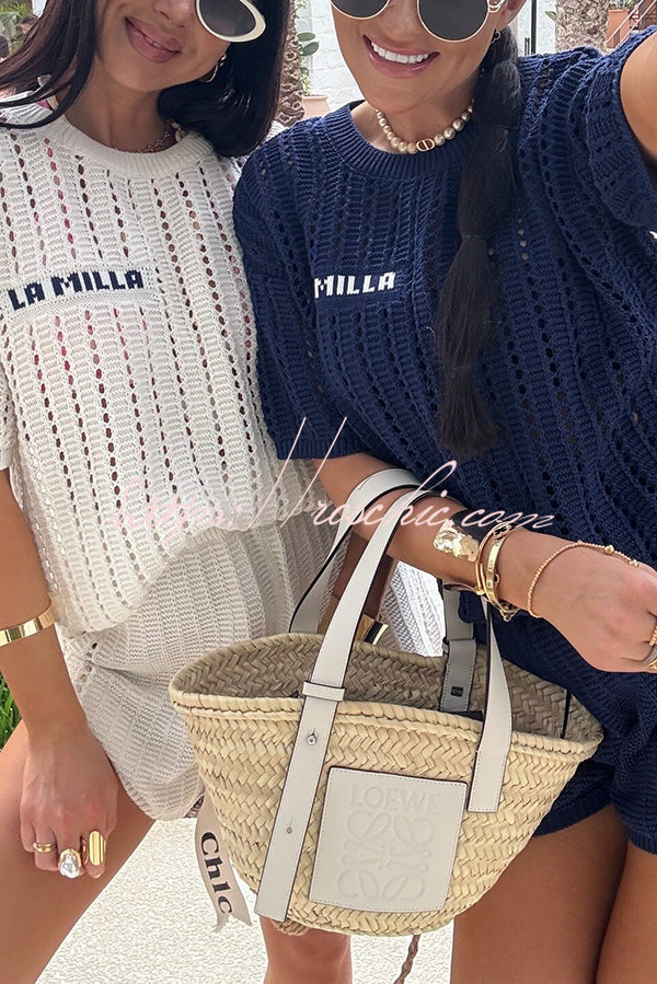 Fashionable Hollow Knit Short-sleeved Top and Elastic High-waist Shorts Set