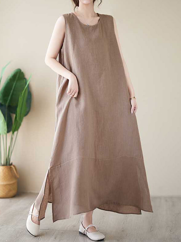 A-line Loose Color Round-neck Midi Dresses