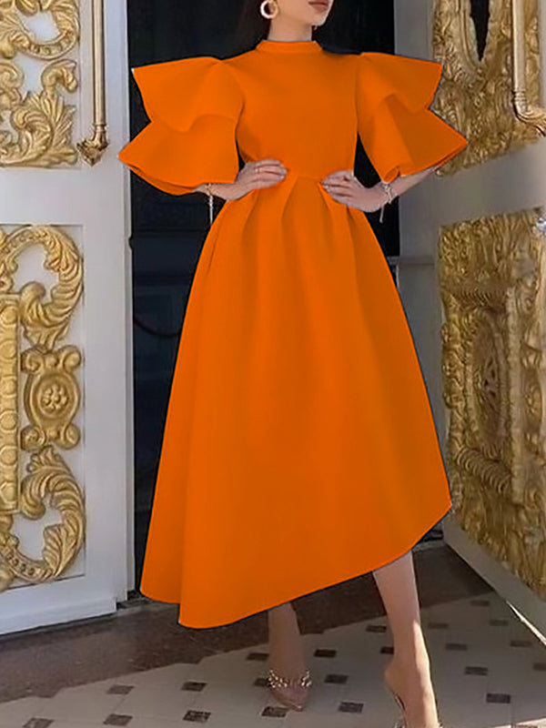 Original Loose Half Sleeves Falbala Color Round-neck Midi Dresses