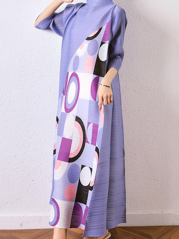 Loose Geometric Printed Pleated Midi Dress