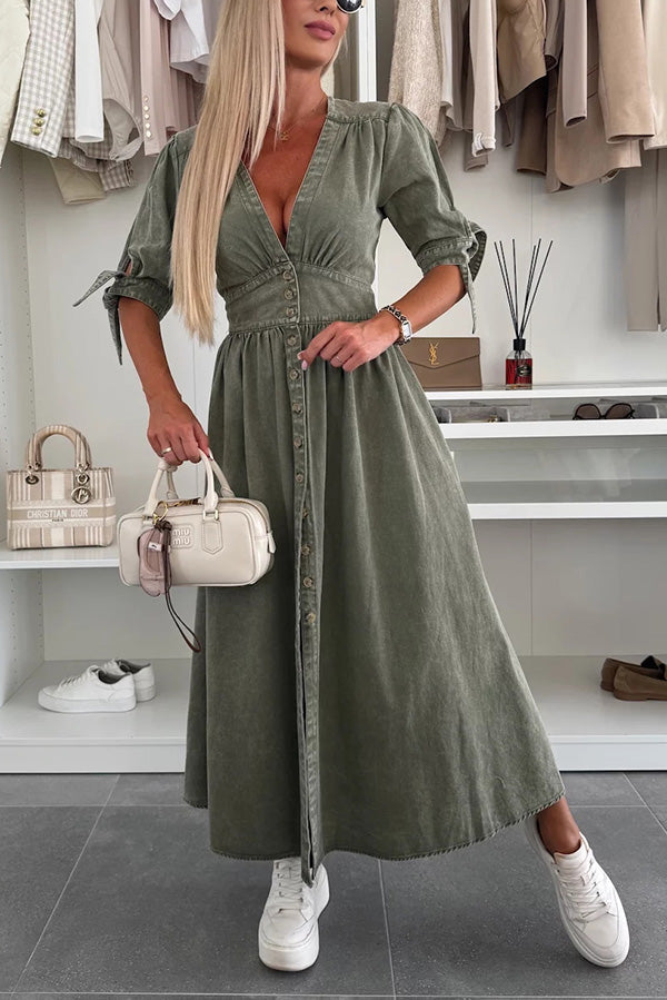 Color V-neck Button-down Denim Midi Dress
