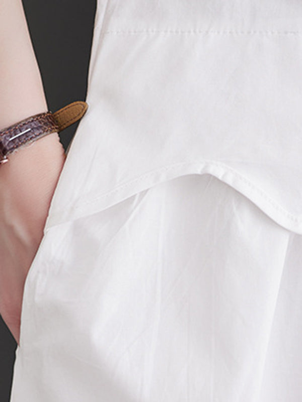 Loose Short Sleeves Elasticity Pleated Split-joint Lapel Midi Dresses