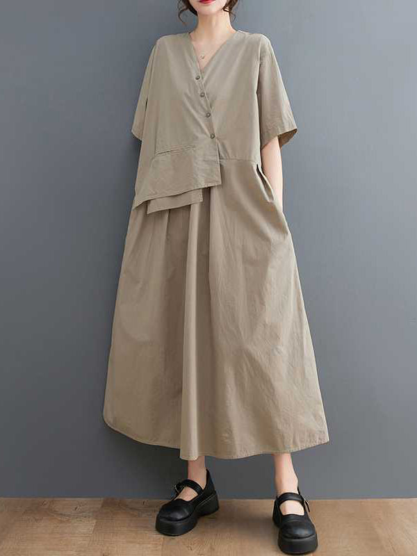 Loose Short Sleeves Pleated Color Split-joint V-neck Midi Dresses