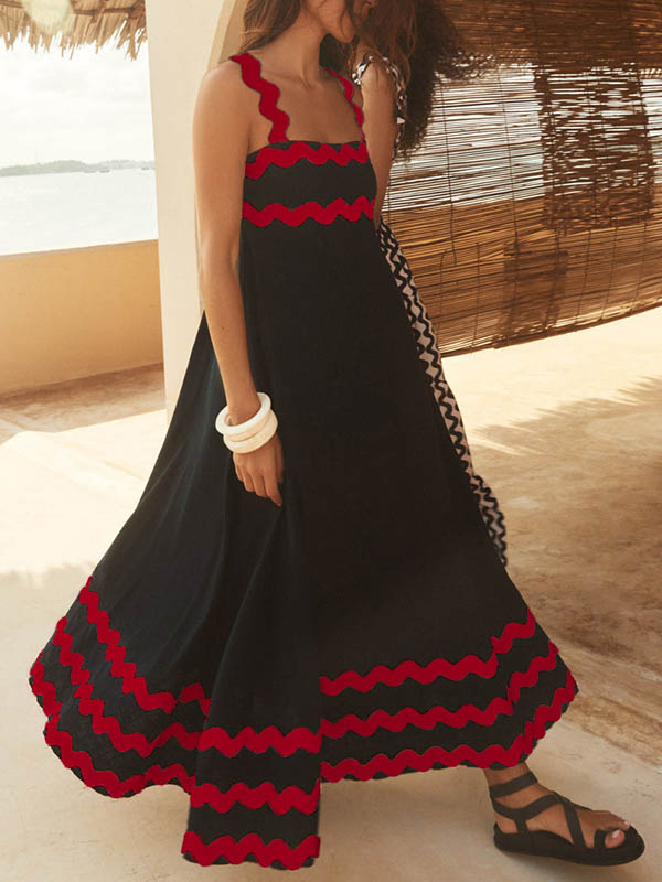 A-line High Waisted Contrast Color Zipper Square-neck Midi Dresses
