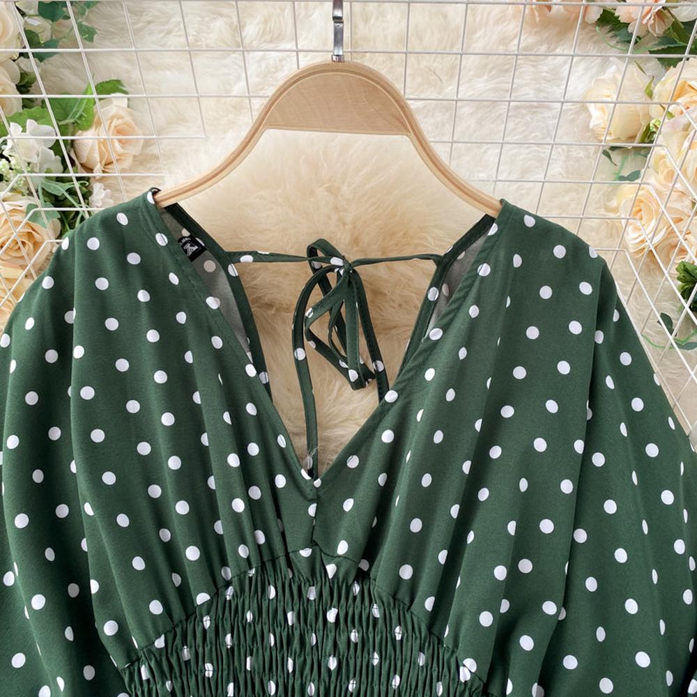 Stylish Army Green V-neck Polka Dot Puff Sleeve Wide Leg Jumpsuit