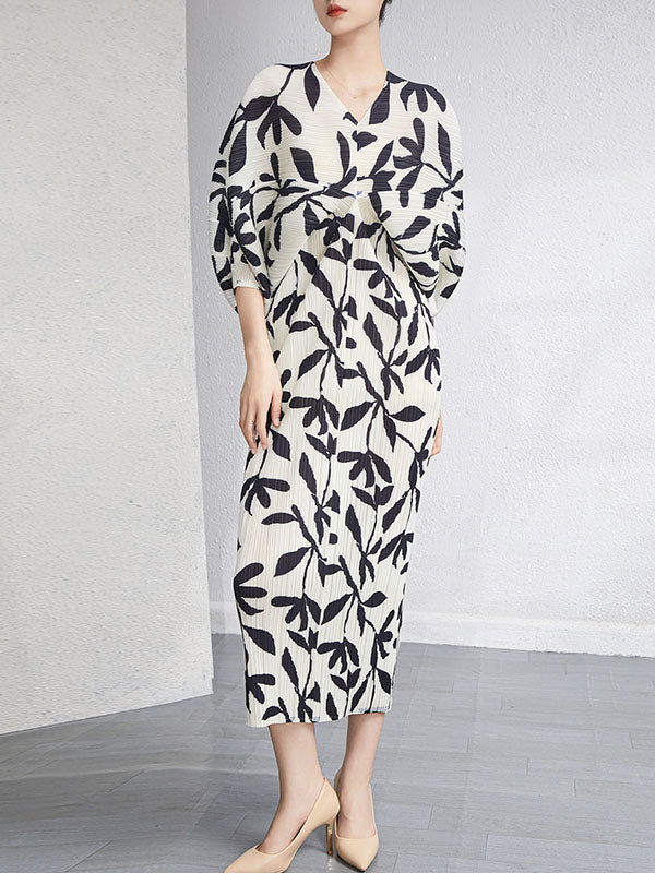 Urban Loose Batwing Sleeves Printed Pleated V-neck Midi Dresses